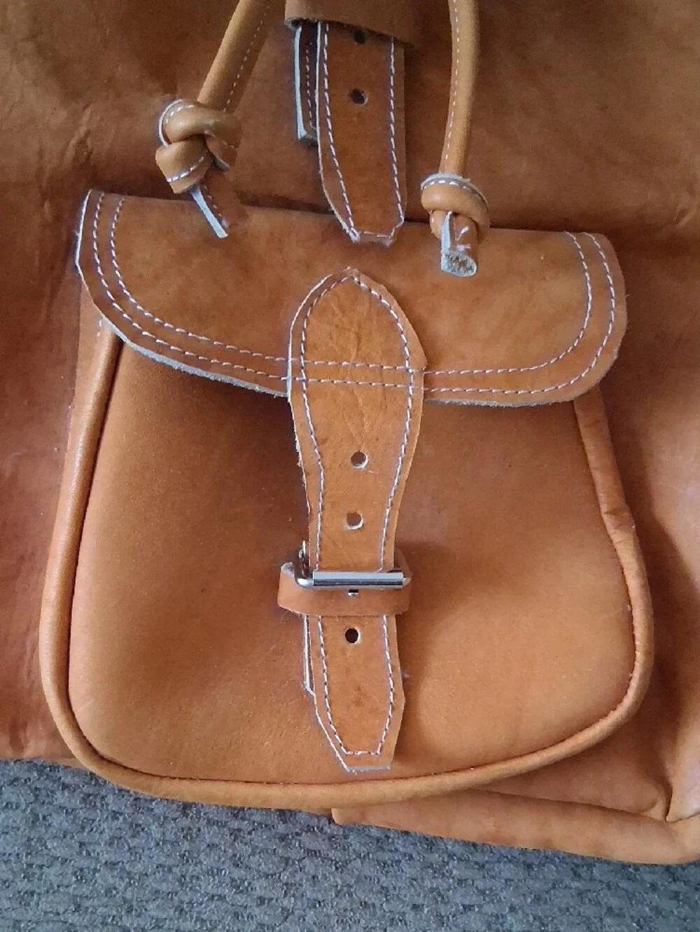 Vintage Tan Leather Backpack with Front and Side Buckle Pocket Purse Bag